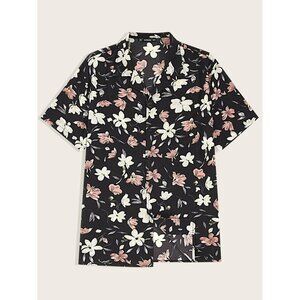 NEW SHEIN Men‎ Notched Collar Floral Print Shirt Size M Color Black